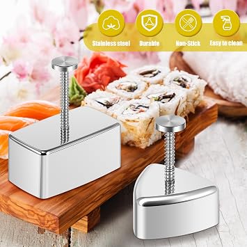 3 Pack Onigiri Mold, Stainless Steel Rice Ball Mold, Non Stick Triangle and Rectangular Sushi Molds with Small Rice Spoon, Rice Mold Musubi Maker Kit for Kid Lunch and Home DIY