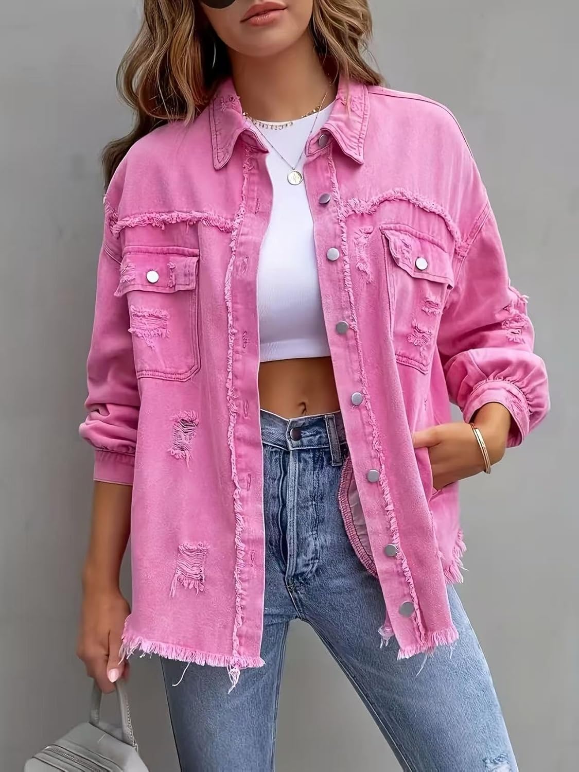 Women's Casual Ripped Denim Jacket Oversized Long Sleeve Button Down Raw Hem Distressed Jean Jackets - Image 4