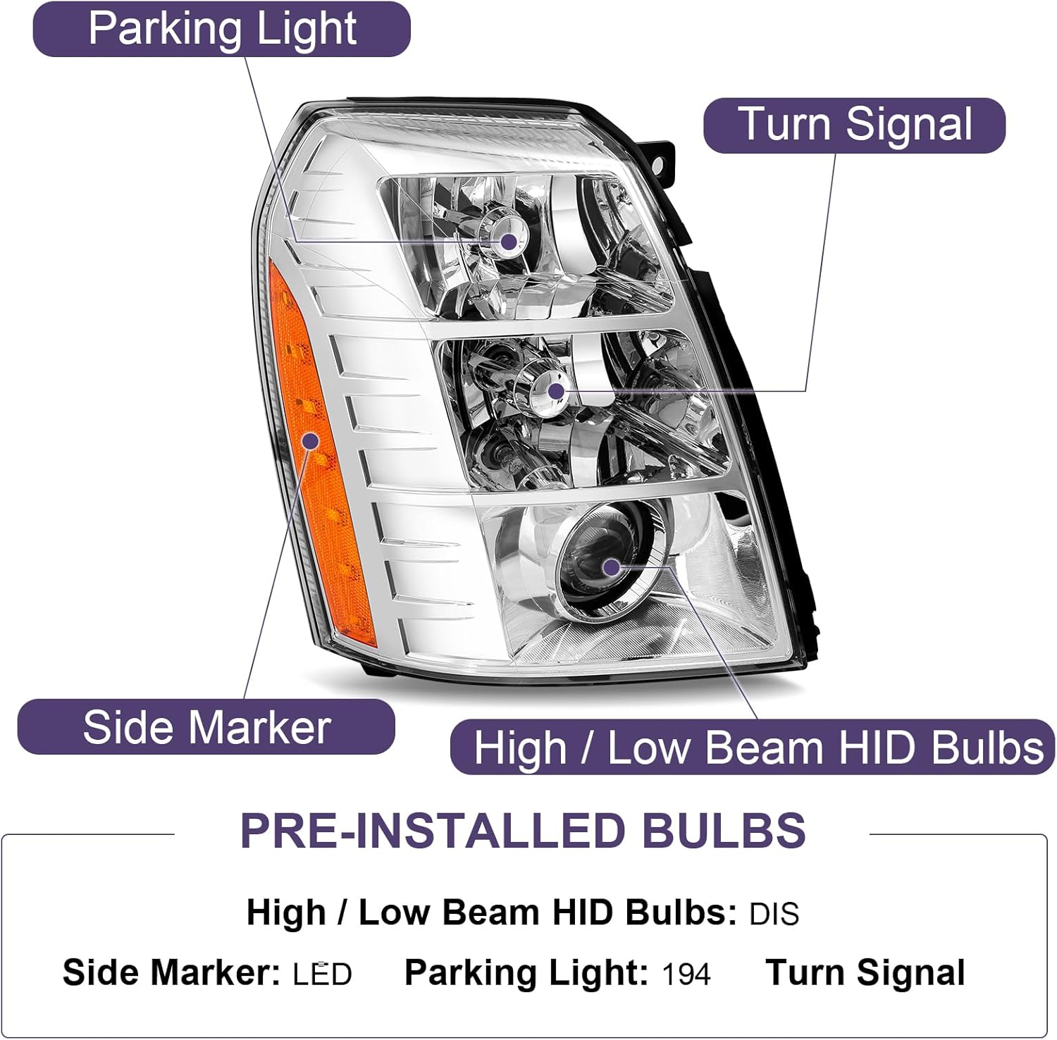 W/Ballast HID/Xenon Headlight Assembly Fit For 2007-2014 Cadillac Escalade Include Bulb And Ballast Driver Side And Passenger Side Chrome Housing Amber Reflector