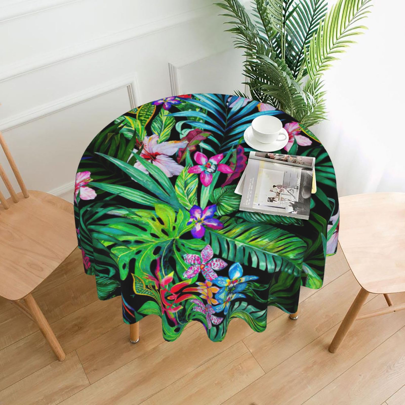 Uusnwaa Colorful Tropical Leaf Print Round Tablecloth 60 Inch, Stain Wrinkle Resistant Washable Polyester Table Cover For Kitchen Party