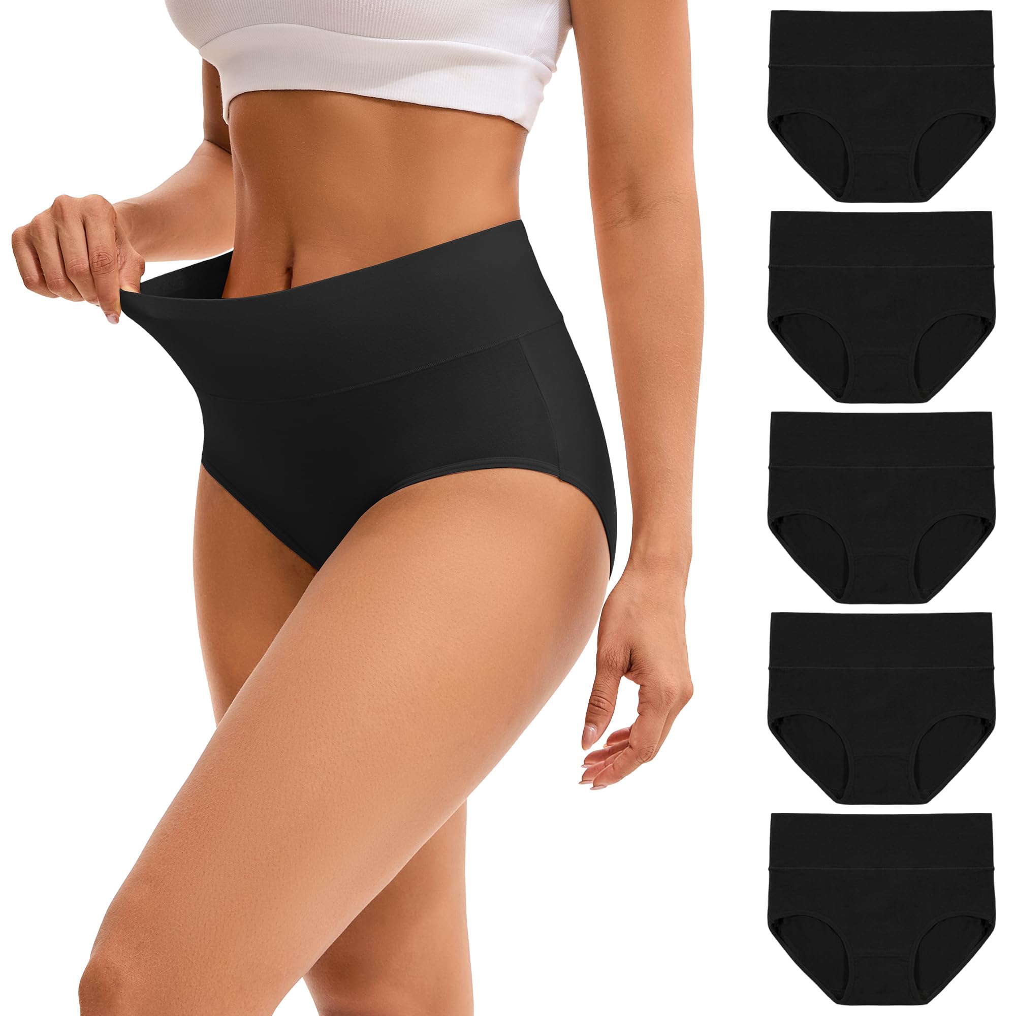 INNERSY Womens High Waisted Underwear Cotton Plus Size Ladies Panties 5-Pack