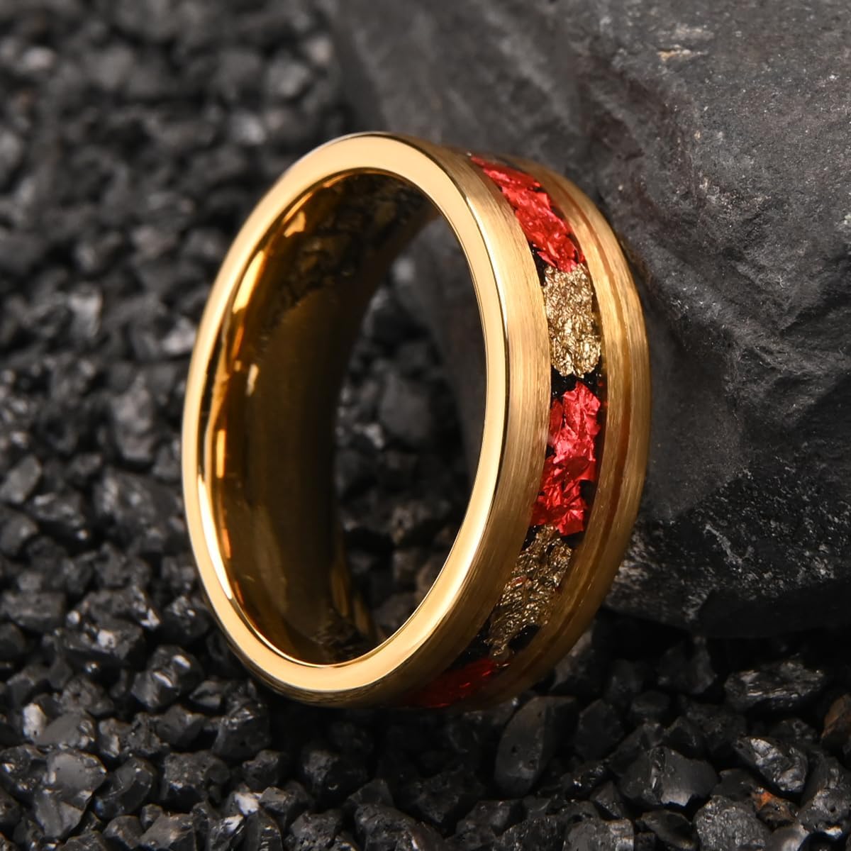 Golden Tungsten Carbide Rings for Men and Women 8mm Frosted Inlay Gold Foil and Red Foil Men's Engagement Wedding Bands Luxury - Image 6