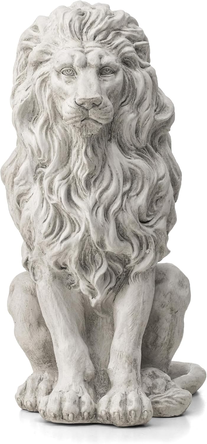 Glitzhome Guardian Sitting Lion Garden Statue MGO Outdoor Decoration, 20.75" H, White