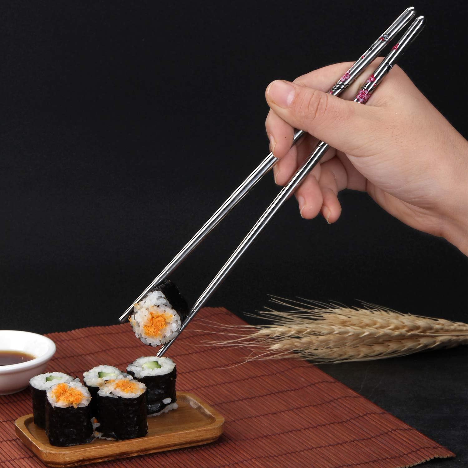 Stainless Steel Chopsticks, Metal Chopsticks, Reusable Non-slip Design Chop Sticks, 5 Pairs Gift Set,Plum Pattern Design