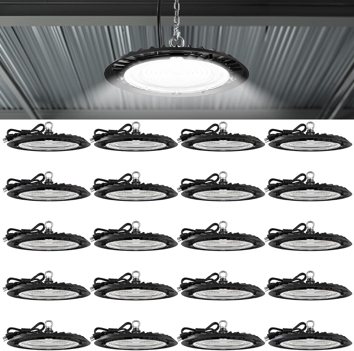 Sunco 20 Pack UFO LED High Bay Lights, Plug & Play, 150W, 19500LM, 5000K | 120V, Ceiling Mount, Ultra Bright Commercial Shop Lights, Factory, Workshop, for Warehouse, Garages, Barn