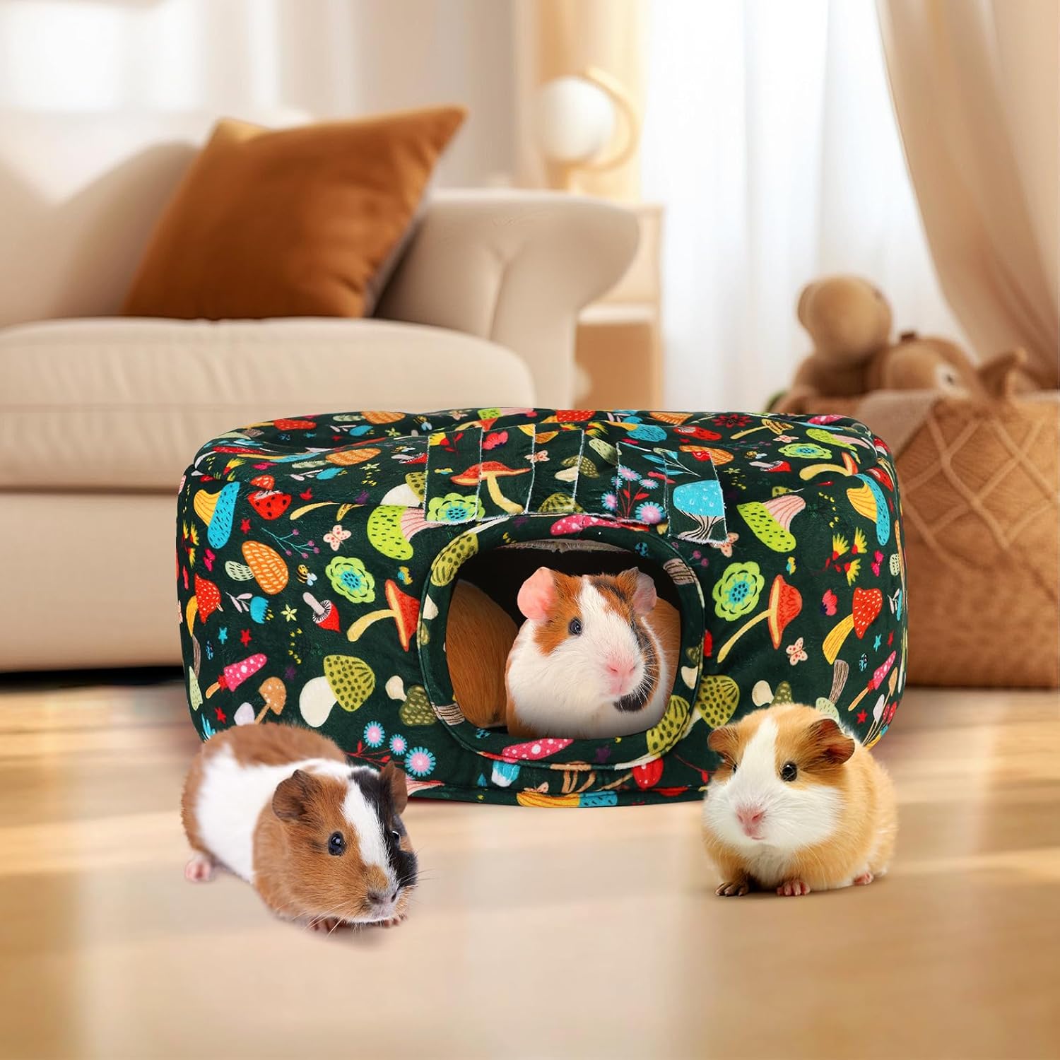 Guinea Pig Hideout & Tunnels Cozy House with Door Curtain Soft Bed for Small Pets/Hamsters/Sugar Gliders/Chinchillas - Blackish Green Mushroom