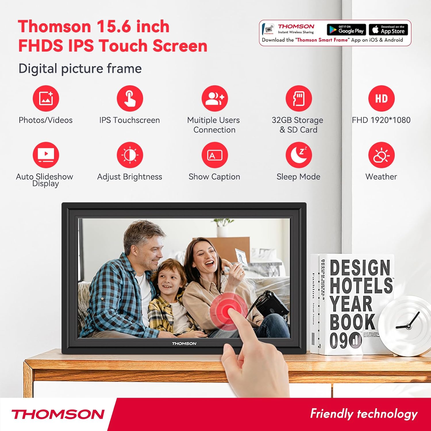 THOMSON Digital Picture Frame, Digital Photo Frame WiFi with 32 GB, HD IPS Touch Screen, Auto-Rotate, Slideshow, Share Photos/Videos from Phone by App (15.6Inch Black)
