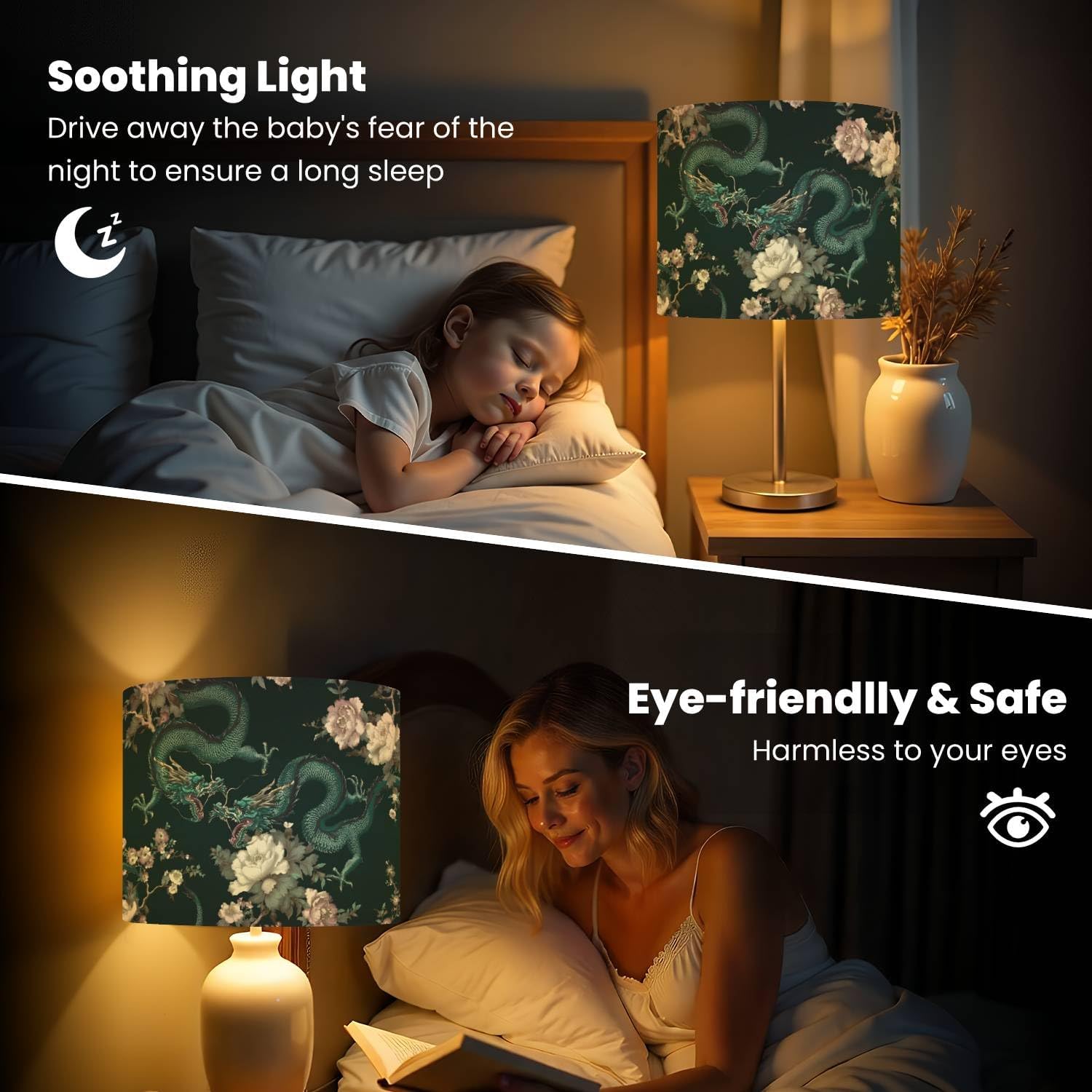 Lamp Shade Seamless Oriental Dragons Hand Drawn Asian Blooming Trees Garden Dark Drum Lampshades for Floor Lamps Hanging Lamp Table Lamps 11"x11"x8.9" Replacement Linen Lamp Shade Easy Assembly