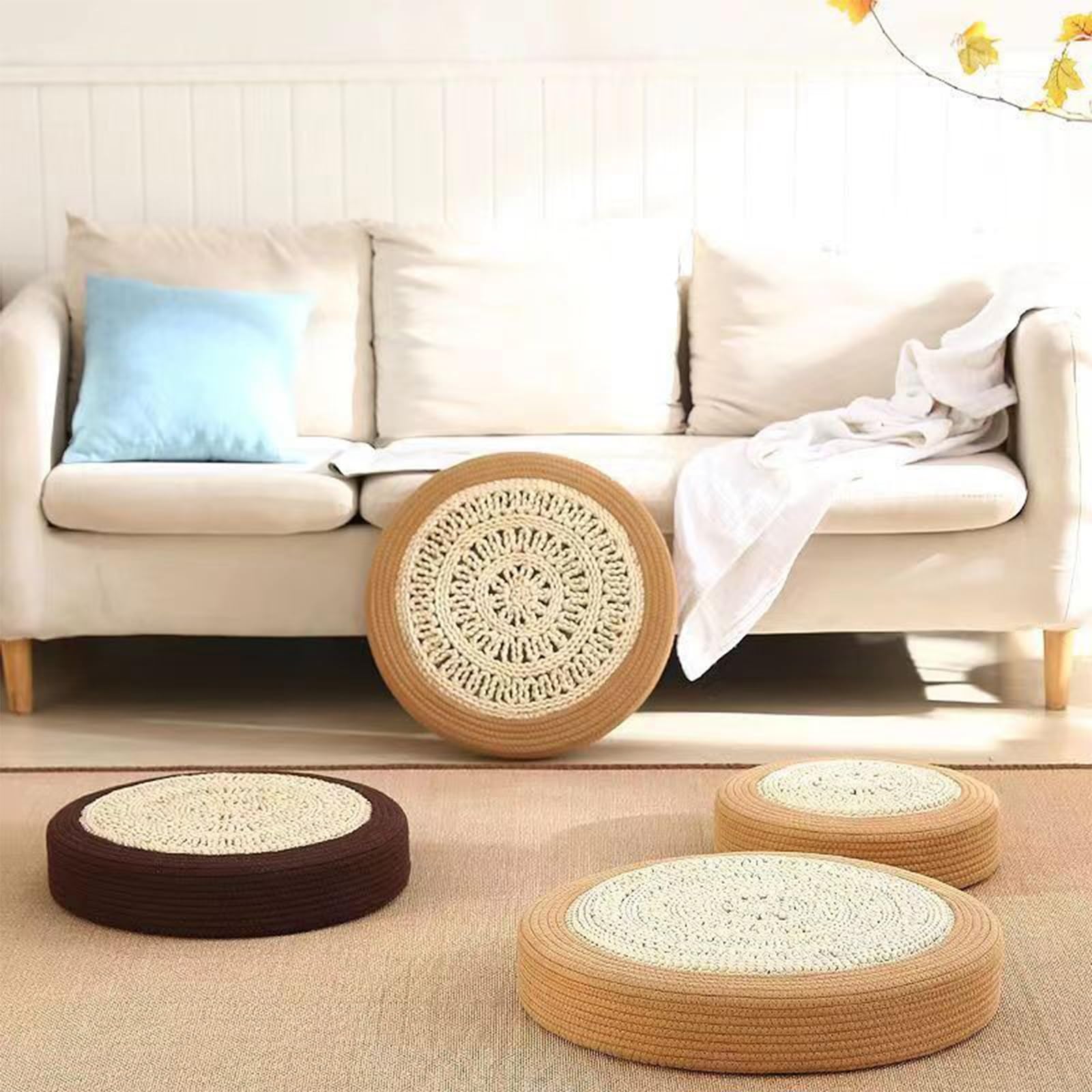 Cuscino Tatami Rotondo Da Pavimento In Giunco Naturale, 40 Cm, Per Meditazione E Relax