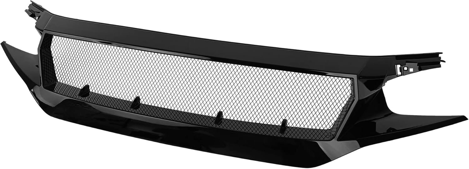 PartsFlow Front Bumper Grille Sports Grill Glossy Black Mesh For 2016 2017 2018 2019 2020 2021 Honda Civic Si Hatchback