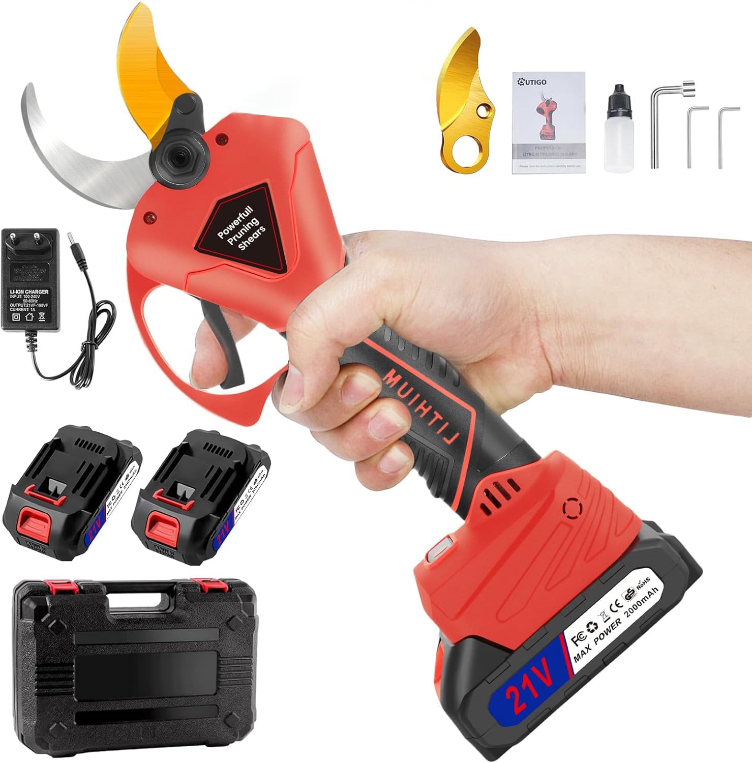 Tijeras de Podar a Batería Profesional con 2 Baterías de 2000mAh Máximo 50 mm, Cuchillas Afiladas Sk7 Motor sin escobillas de tijeras de podar con pantalla LCD para huertos y jardines de viñedos
