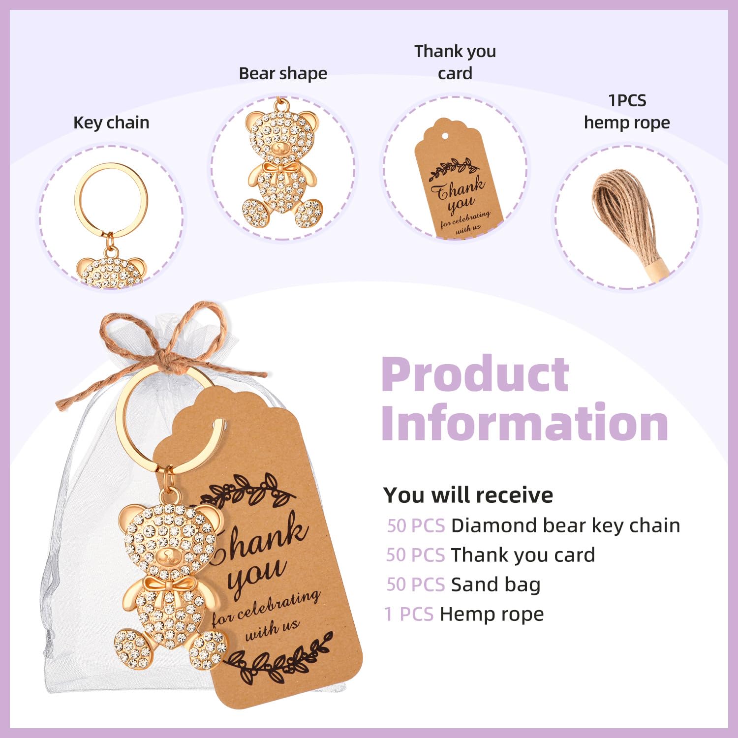 50 Stück Strass-Bär-Schlüsselanhänger, Babyparty, Party, Gastgeschenke, Hochzeit, Braut, Geburtstag, Souvenirs für Gäste, niedlicher Bären-Schlüsselanhänger mit Etiketten, Taschen (Gold)