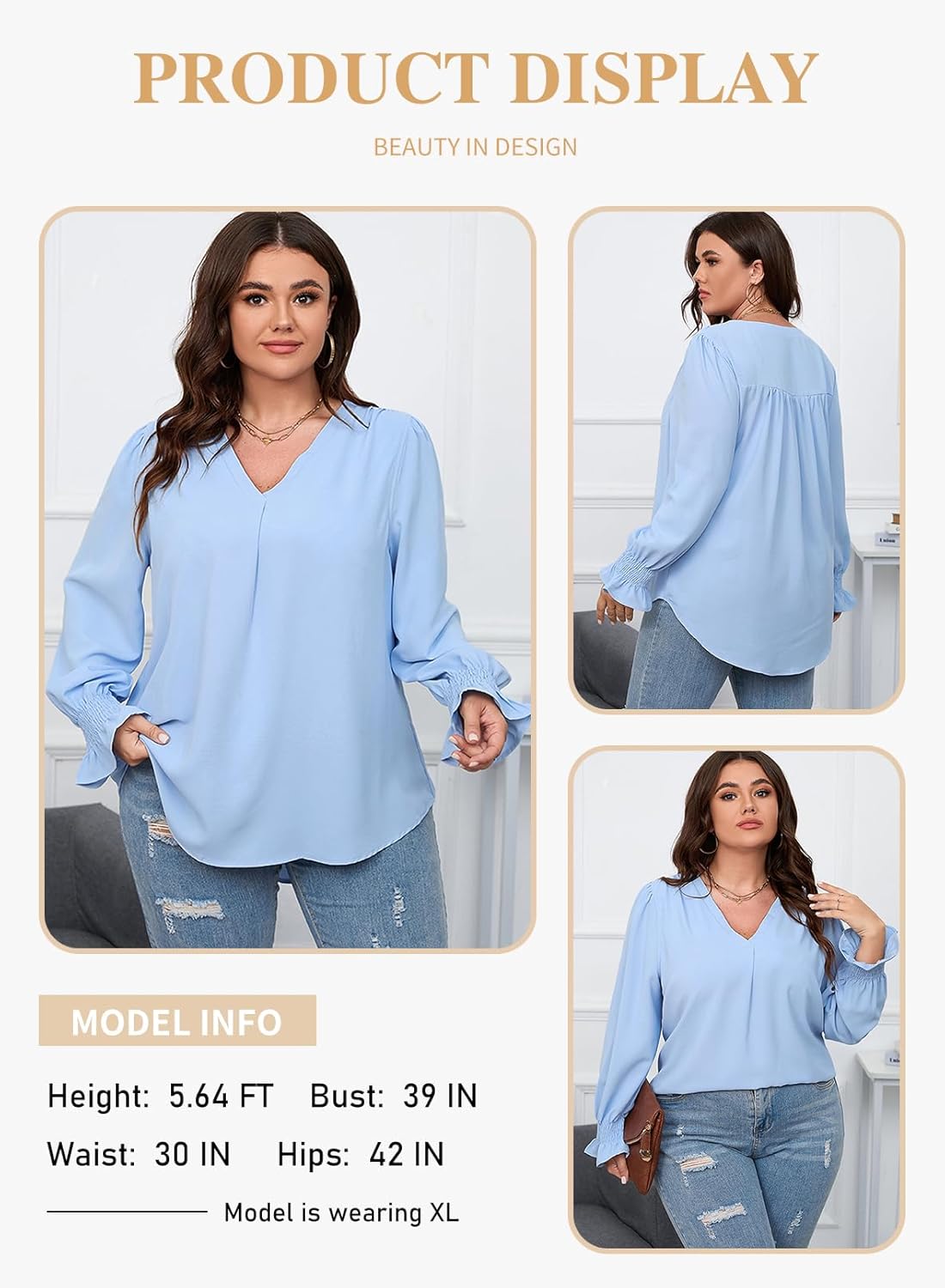 Eytino Plus Size Tops for Women Sexy V Neck Smocked Long Sleeve Blouse Loose Casual Work Shirts(1X-5X) - Image 4
