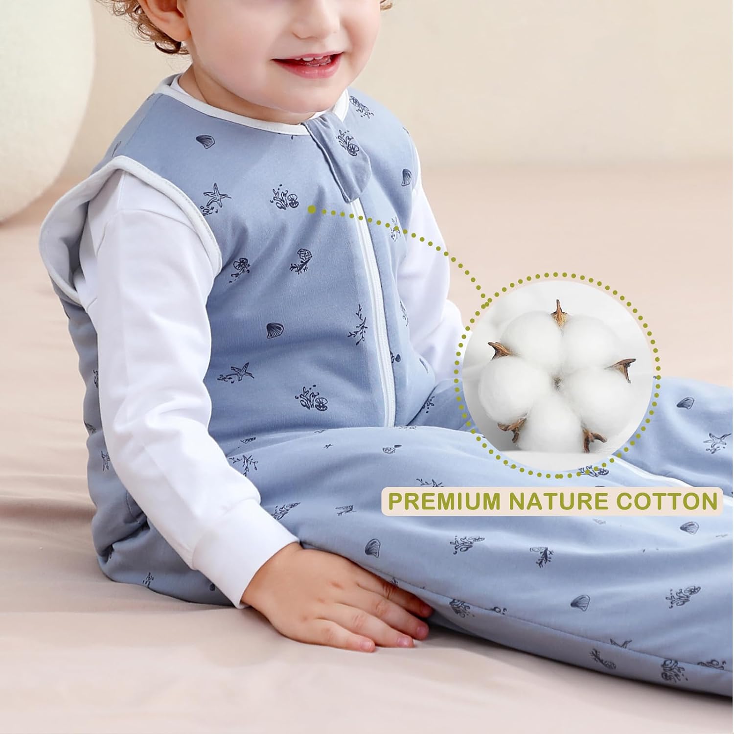 Super Soft 1.5 TOG Sleep Sack, 100% Organic Cotton All Season Warm Baby Wearable Blanket for 3-6 Months, Ocean, Size S