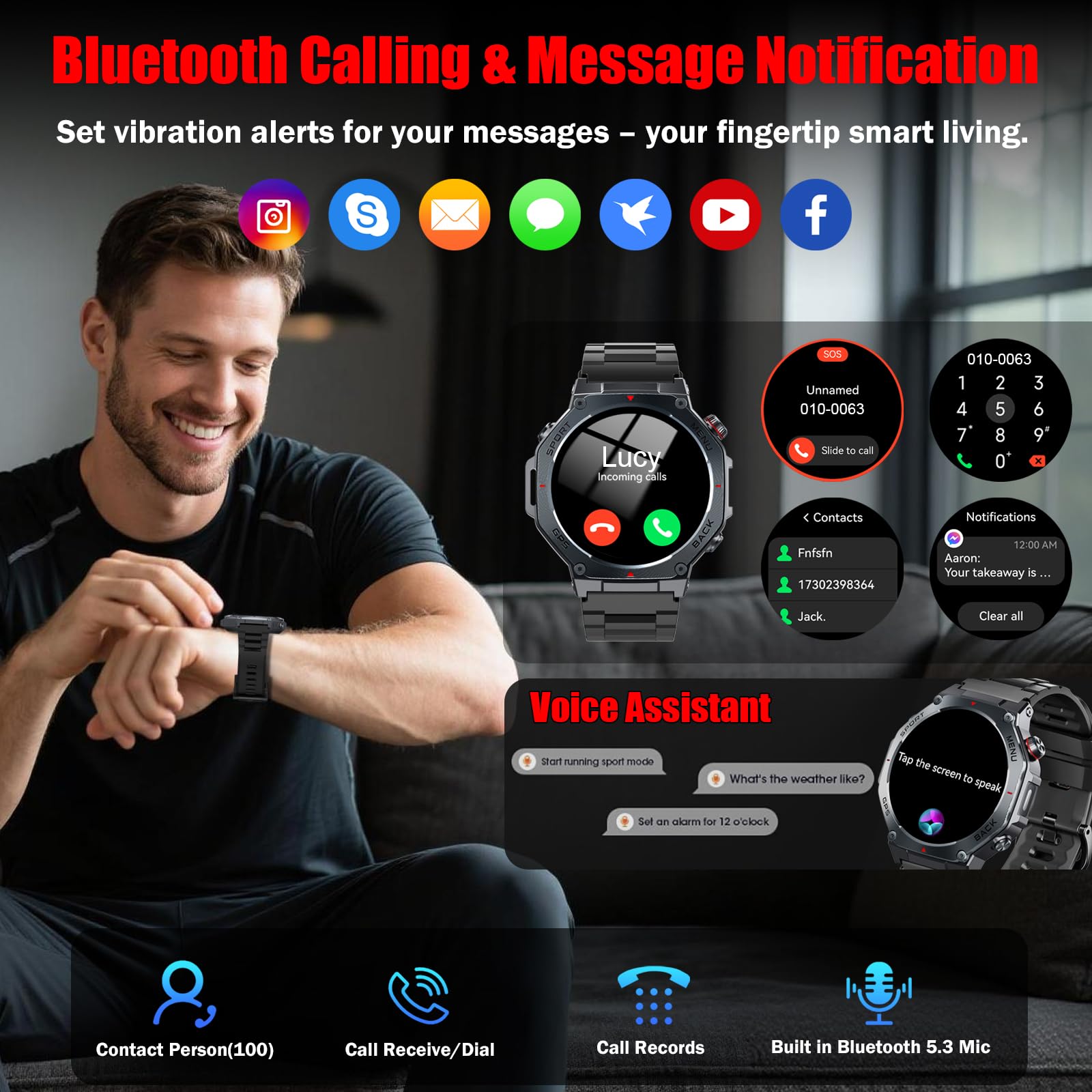 Reloj Inteligente Hombre Militar con GPS y Linterna LED, 5ATM Smartwatch con Brújula llamadas Bluetooth Pulsómetro Oxímetro Sueño, 1.43"AMOLED Reloj Deportivo con 160+Modos Deportivos para IOS Android