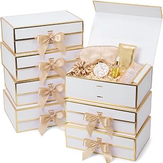 AmazingSpark 8 Pcs Large Gift Boxes with Lids Ribbons, White and Gold | 10.4 x 7.5 x 3.3 Inches Kraft Paper Gift Bridesmaid Proposal Box for Wedding Birthday Party Bridal Shower Present Packaging