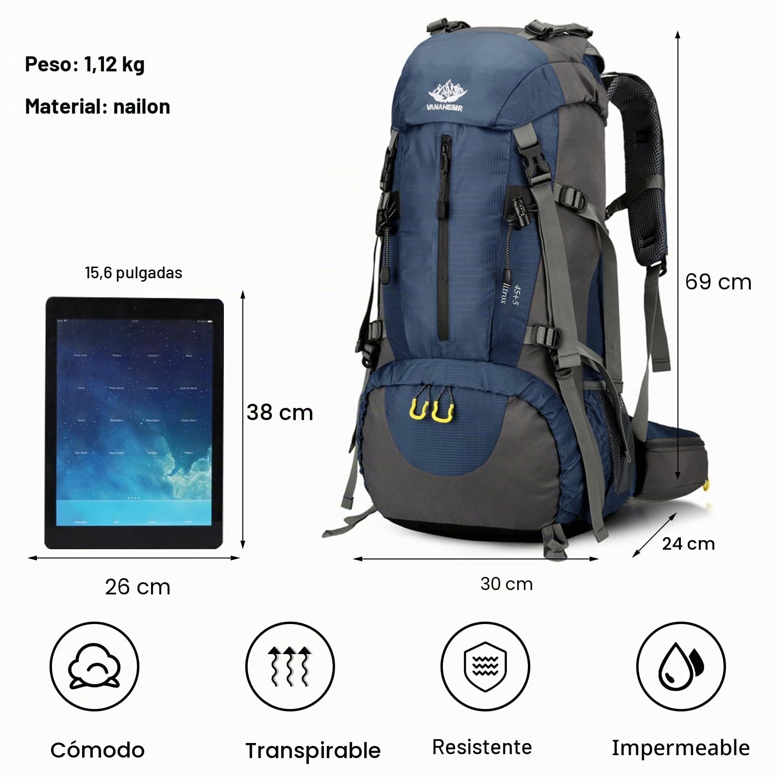 50L Mochila de Senderismo Mochila Impermeable con Cubierta de lluvia Hiking Backpack para Hombre Mujer Viajar Acampar Escalada Deportes Aire Libre Azul Oscuro