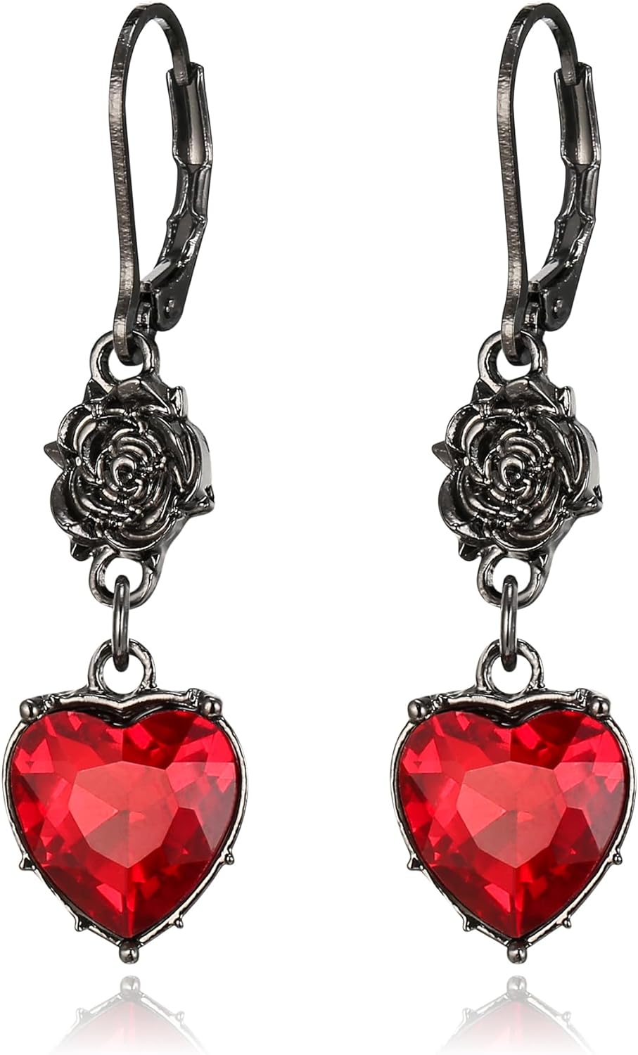 BriLove Halloween Vintage Gothic Earrings for Women,Shiny Rhinestone Rose Flower Red Heart Leveback Earrings Vampire Costume Cosplay Party Prom Accessories