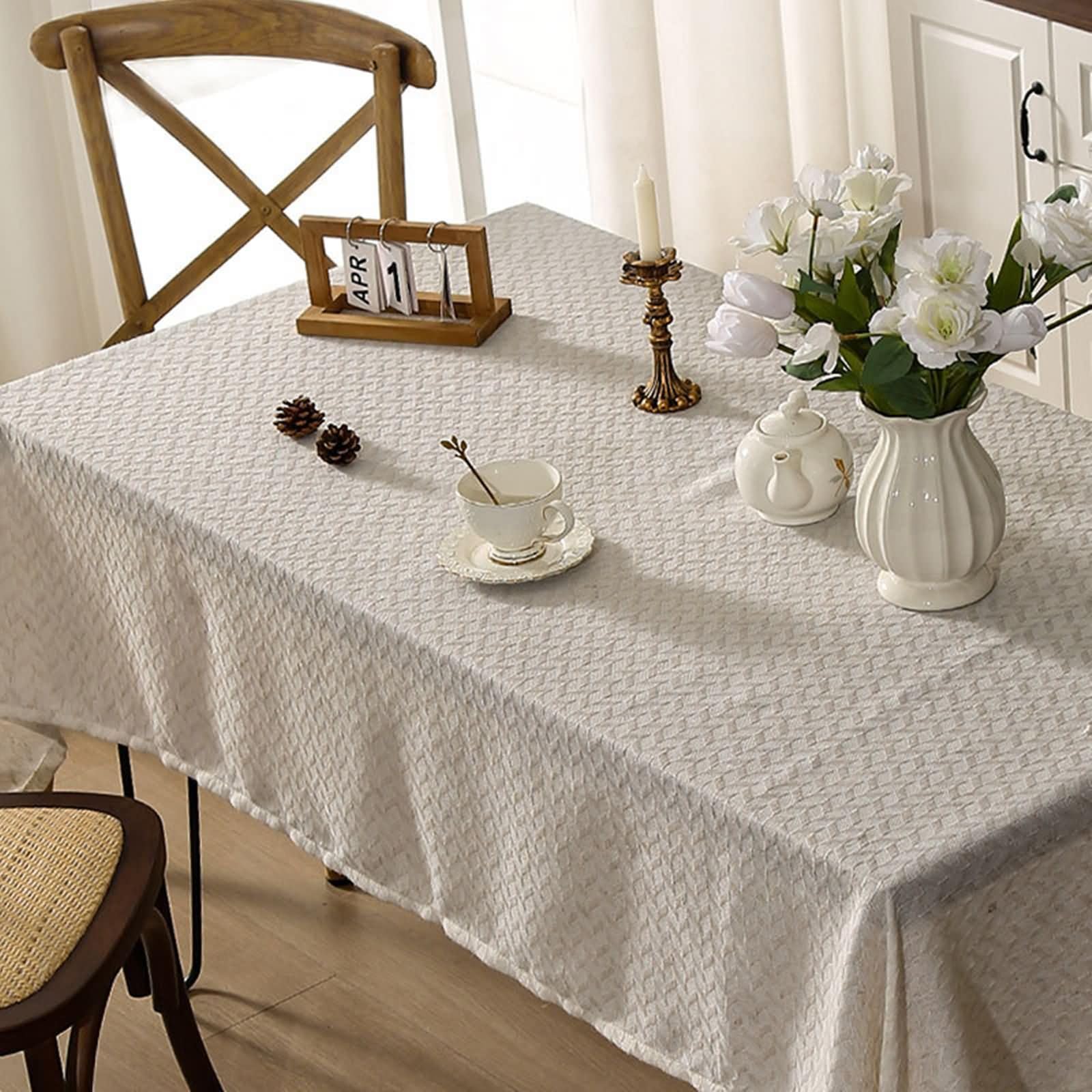 Nappe rectangulaire beige 140x180cm au motif jacquard losange