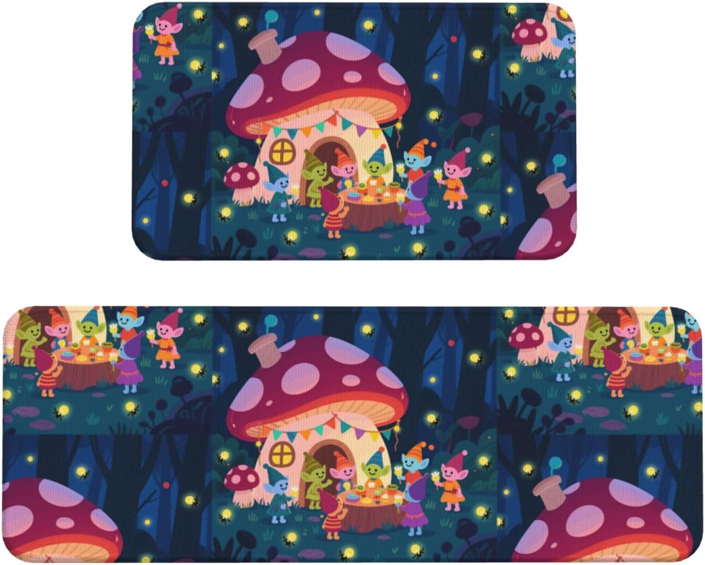 Fairy Party in Forest Kitchen Rugs Set of 2, Cushioned Anti-Fatigue Kitchen Mats for Floor, Waterproof Comfort Standing Mat Absorbent Velvet Kitchen Runner Rugs 17"x30"+17"x47"