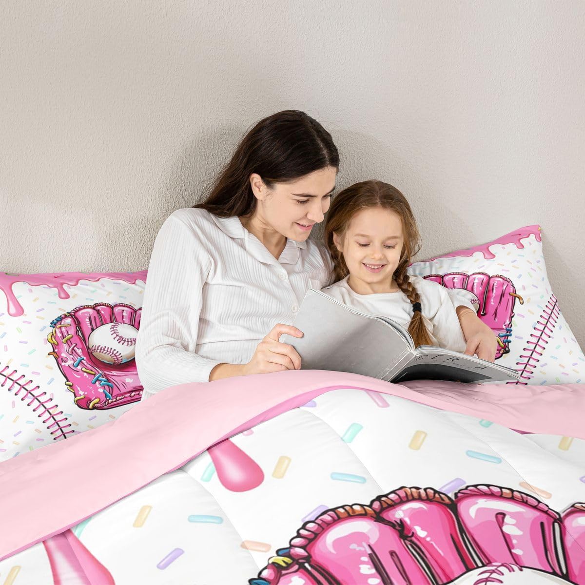 Manfei Ice Cream Drip Baseball Comforter Set Full Size,Baseball Ice Cream Pink Bedding Set 3pcs,Sports Gaming Down Comforter for All Season,Kids Boys Girls Room Decor,2 Pillowcases,No Sheets