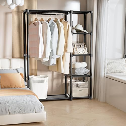 Vista 8 de Mavivegue Armario portátil de 4 niveles con estantes y barra para colgar, armario portátil para dormitorio, armario, dormitorio, perchero de ropa