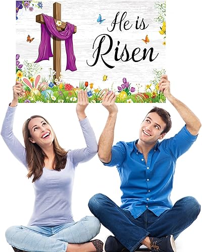 Miniatura 5 de Letrero de Pascua para patio, decoración al aire libre, con texto en inglés "Happy Easter He is Risen", letrero de pascua para jardín, patio,
