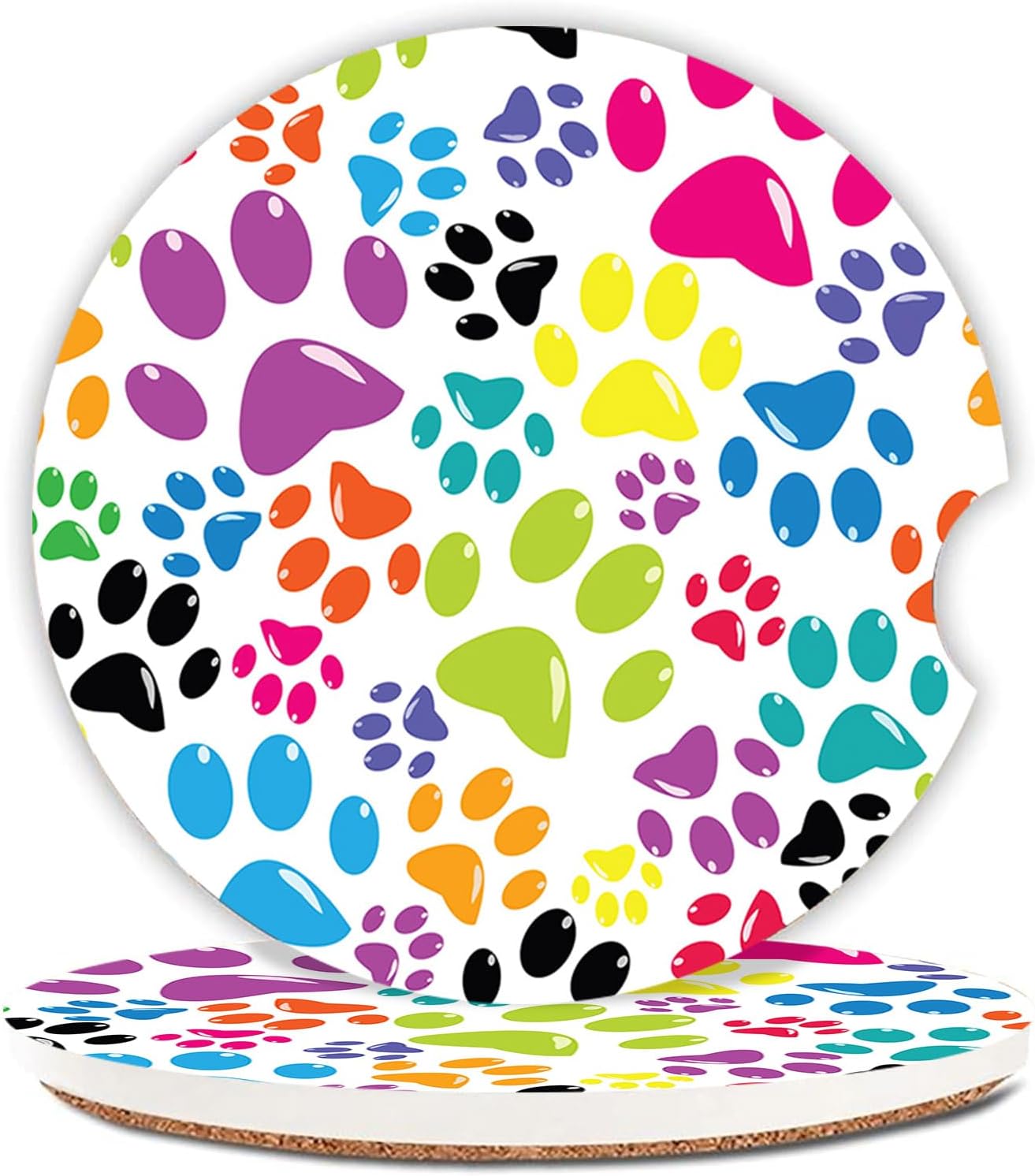 2 Pcs Colorful Dog Paw Car Coasters,Ceramic Cup Holder Coasters with a Finger Notch,2.56" Ceramic Stone & Non-Scratch Cork Base,Car Accessories for Women&Man.