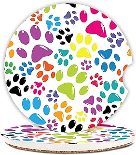 2 Pcs Colorful Dog Paw Car Coasters,Ceramic Cup Holder Coasters with a Finger Notch,2.56" Ceramic Stone & Non-Scratch Cork Base,Car Accessories for Women&Man.