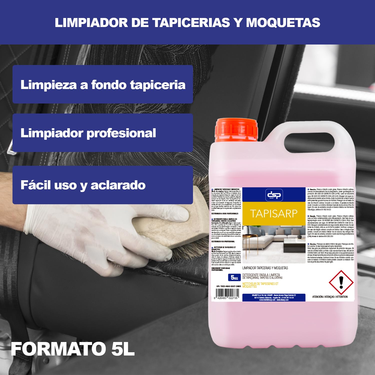 Limpiador de Tapicerías y Alfombras 5L - TAPISARP – Limpieza Manual para Moquetas, Telas y Tapicerías – Uso Profesional y Doméstico – Eficaz Contra Manchas y Olores