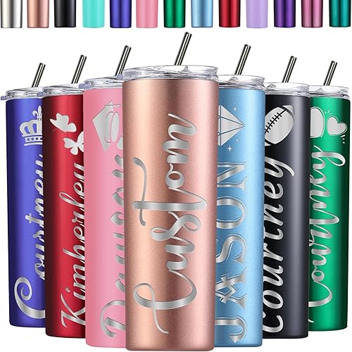 Vaso delgado personalizado de acero inoxidable de 20 onzas con nombres, tapas, pajitas, grabado personalizado, taza de café de viaje, regalos para