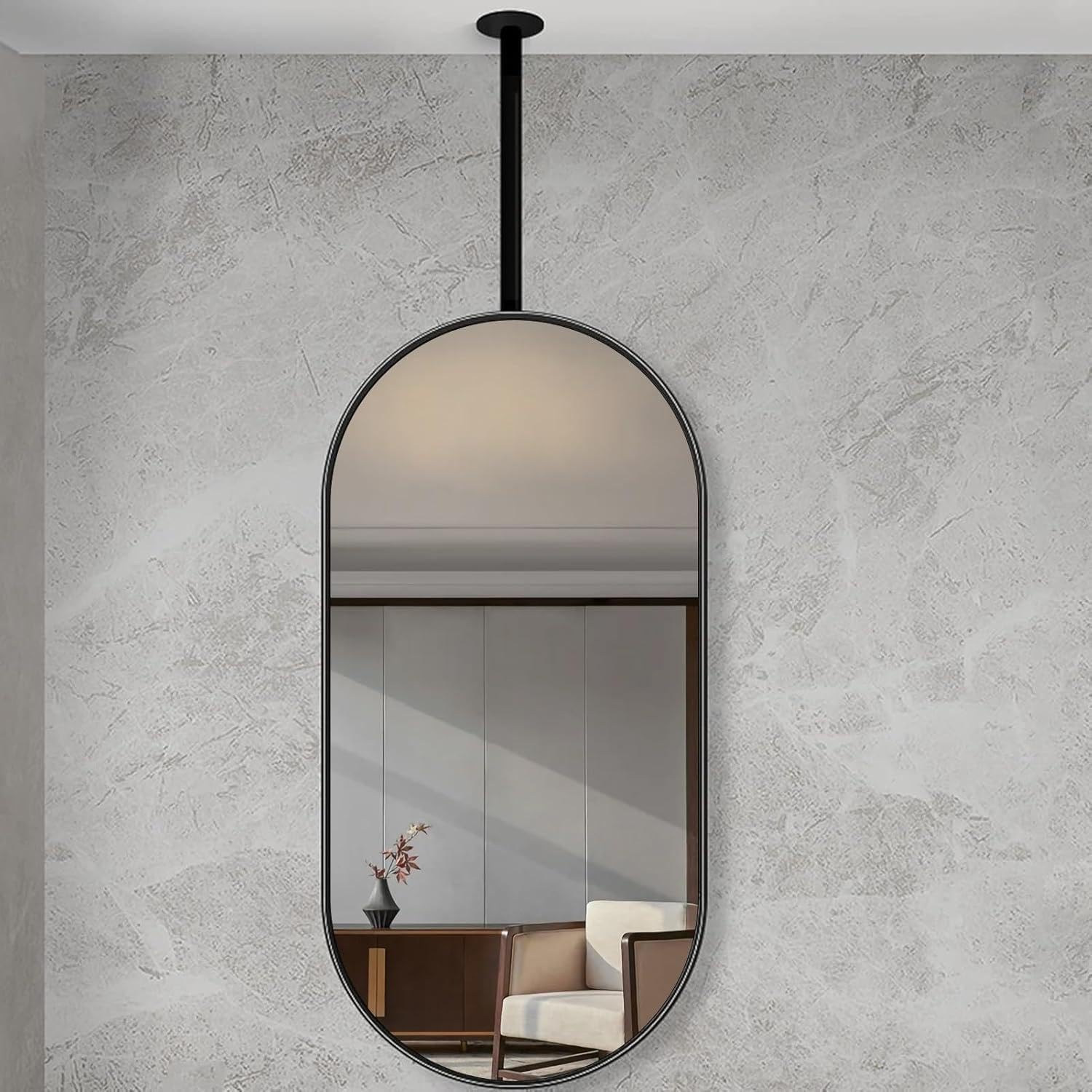WJFTODAY Oval Wall Mirror with Metal Frame - Adjustable Suspension Rod for Bathroom or Vanity, 50cm x 70cm, Stylish Decor, Modern Design, Easy Installation, Perfect for Home Makeover