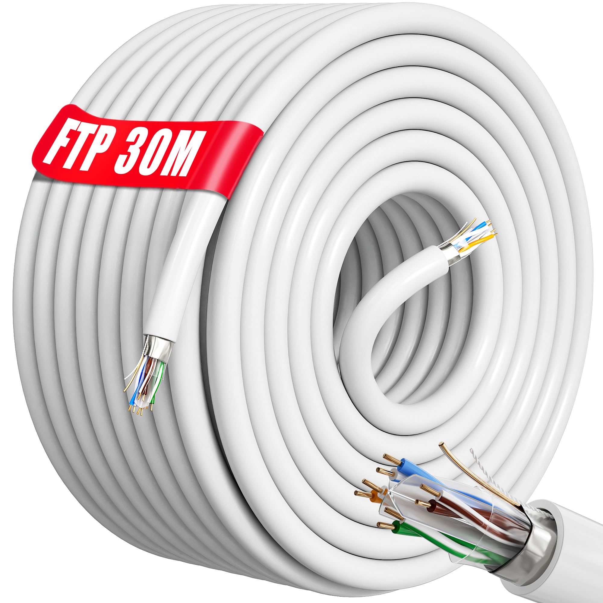 Granel Cable Ethernet Cat 6 De 30m, Bulk Cable de Red LAN FTP Blindado Para Internet Rápida & Fiable -AWG23 Cable a Granel Internet Anti-jamming Exterior Interior resistente a la intemperie(30 Metros)
