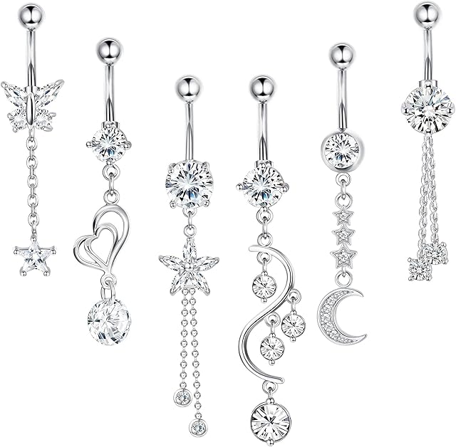 Kakonia 6Pcs Belly Button Bars for Women Stainless Steel Cubic Zirconia Navel Rings Belly Button Piercing Jewellery 14G
