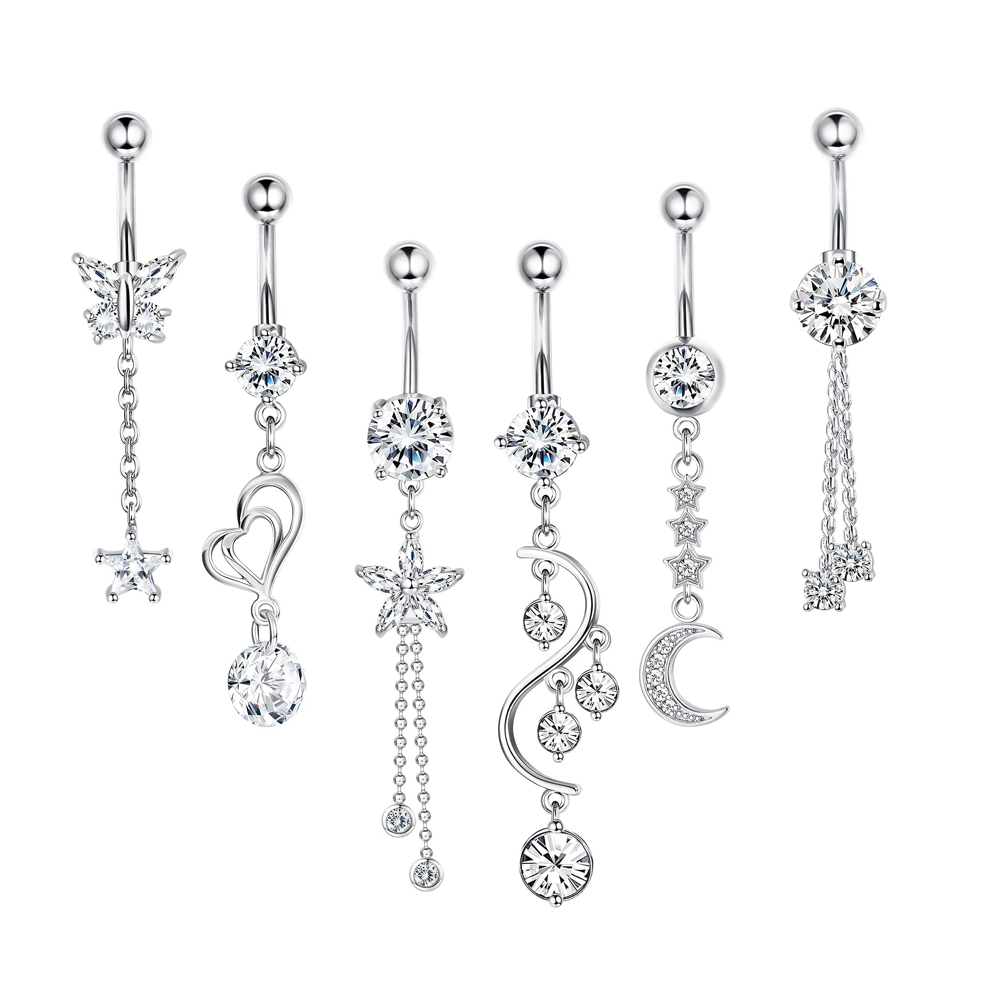 Kakonia 6 uds., 14G, anillos para el ombligo, colgantes para mujer, acero inoxidable 316L, CZ transparente, anillos para el ombligo, Piercing para el ombligo, joyería para el cuerpo