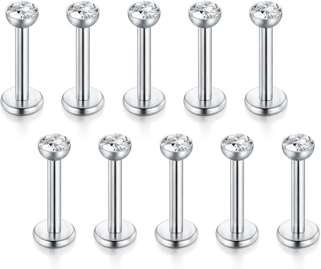 Funseedrr 10pcs 16 Gauge Lip Larbet Stud Piercing Bars Set 6mm 8mm Silver Stainless Steel Tragus Helix Piercing Jewellery