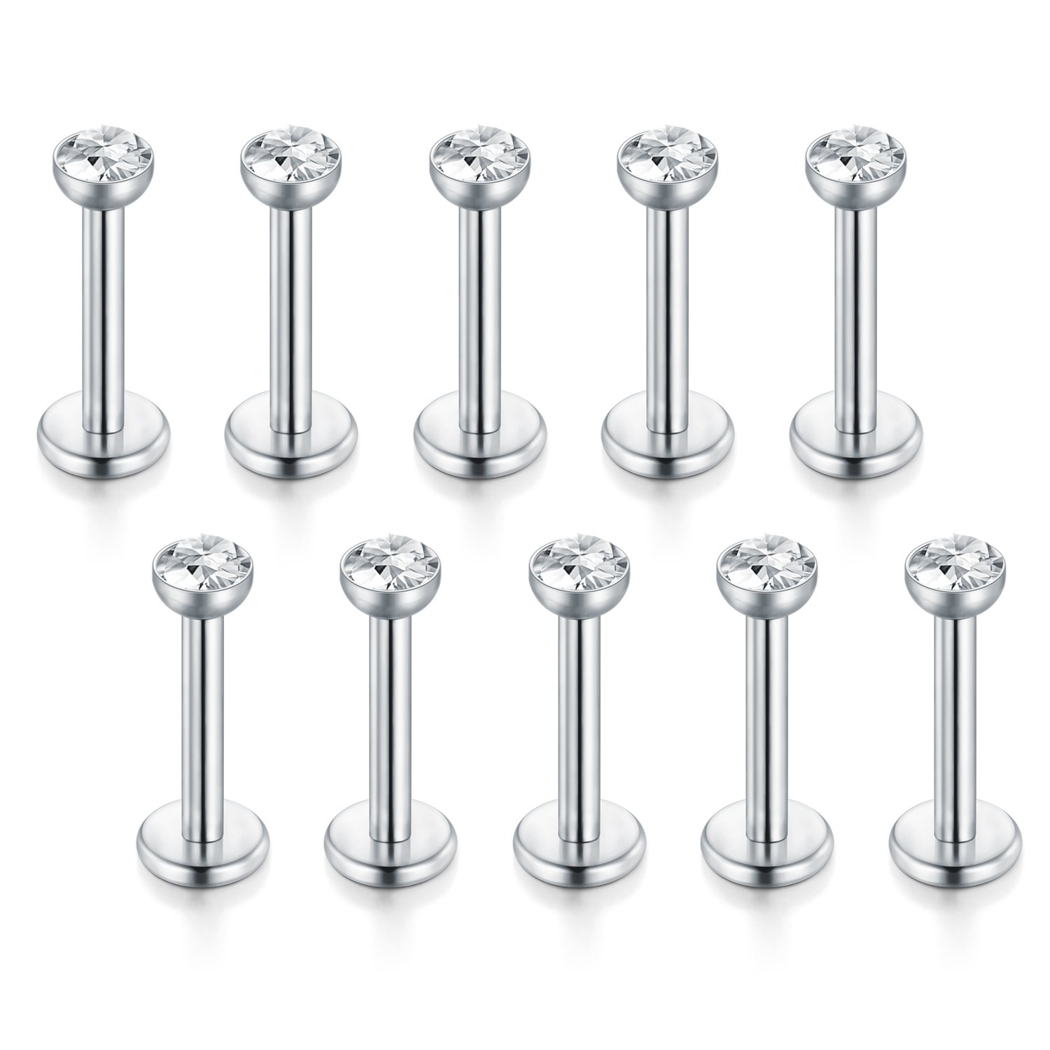 Funseedrr 10pcs 16 Gauge Labio Larbet Stud Piercing Bars Set 6mm 8mm Plata Acero Inoxidable Tragus Helix Piercing Joyas