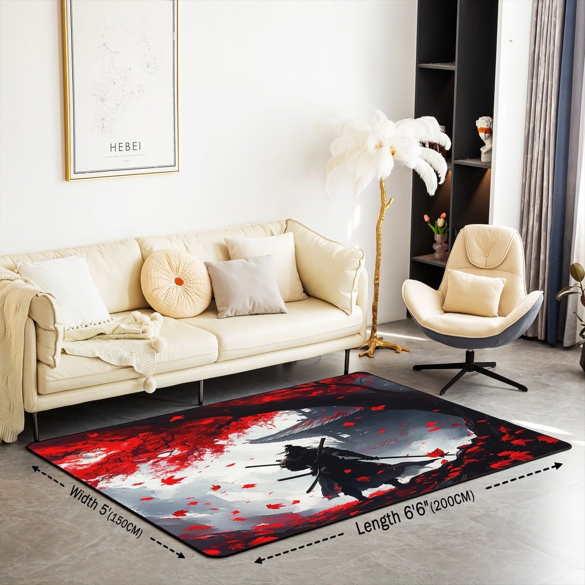 Feelyou Kids Samurai Living Room Rugs Area Rug 5x7, Japanese Style Accent Rug Japanese Ukiyoe Indoor Floor Mat Boys Girls Sunset Teens Decorative Rug Decor