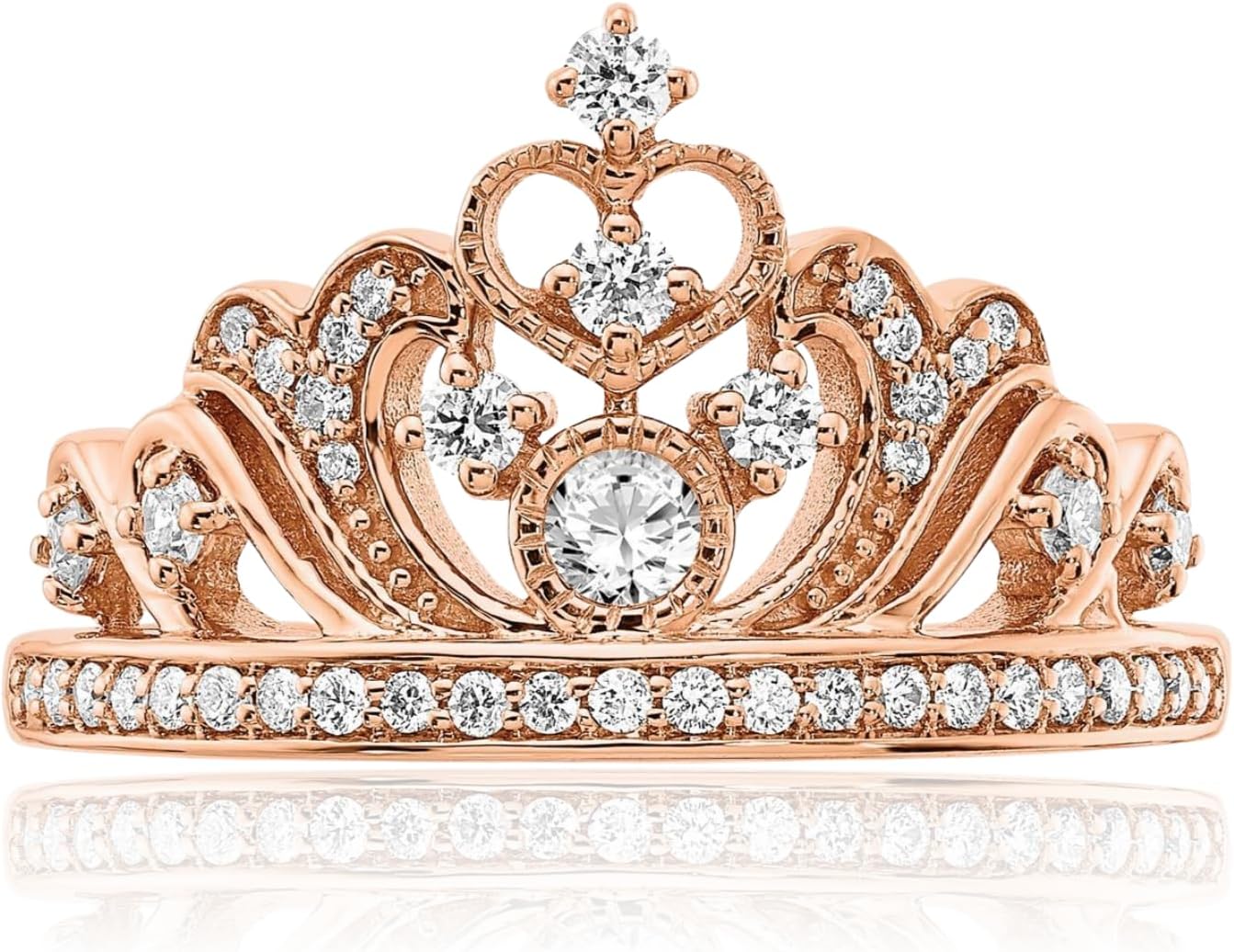 IceCarats 14K Solid Rose Gold 0.38 carat Diamond Heart Crown Statement Fashion Ring Round Cut, Natural, Prong Set