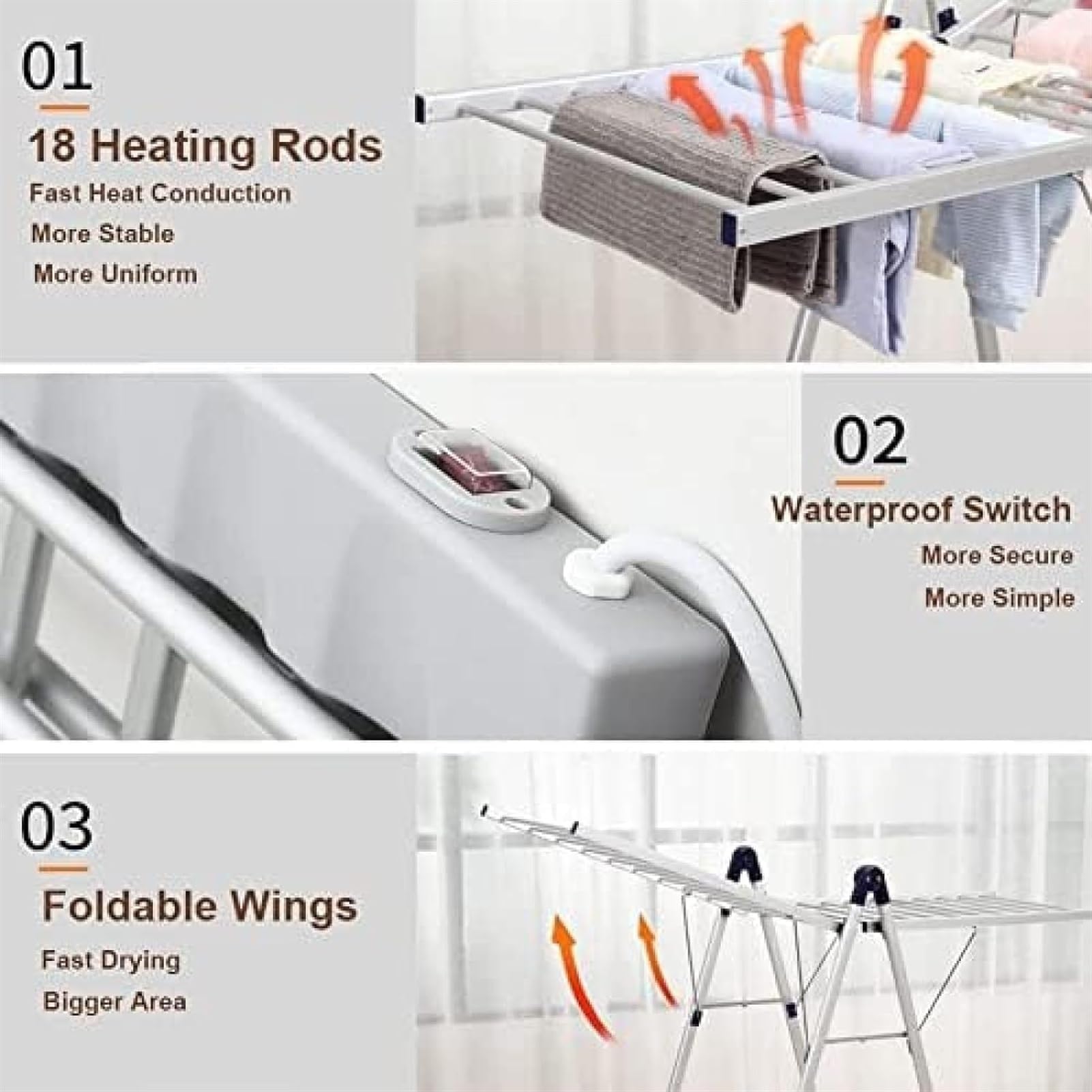 Stendibiancheria elettrico riscaldato da 230 W, stendibiancheria pieghevole con 18 barre riscaldanti elettriche, stendibiancheria da pavimento per interni, esterni, casa, soggiorno, bagno, lavanderia