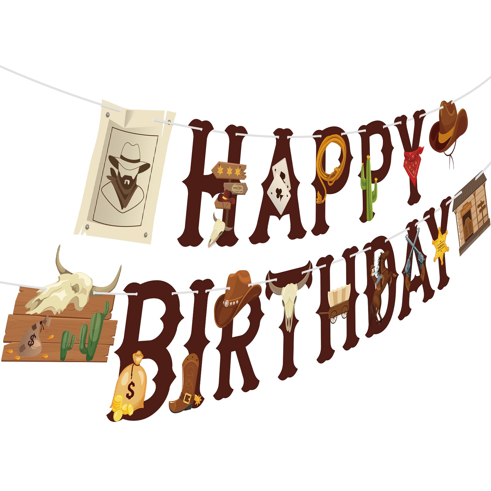Hooqict Western Happy Birthday Banner Cowboy Birthday Party Decorations Western Cowboy Party Banner Garland Sign for Boys Men Wild West Country Party Decorations Supplies