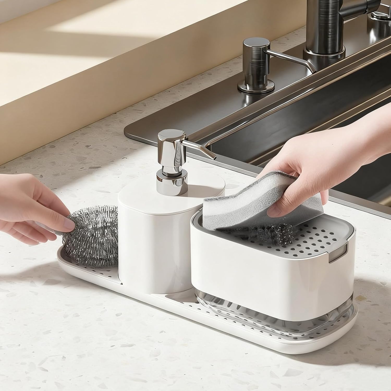 Kitchen Soap Dispenser Set with Tray, 4-in-1 Dual Hand and Dish Soap Dispenser with Sponge Holder for Kitchen Sink, Practical Kitchen Gadgets (White)