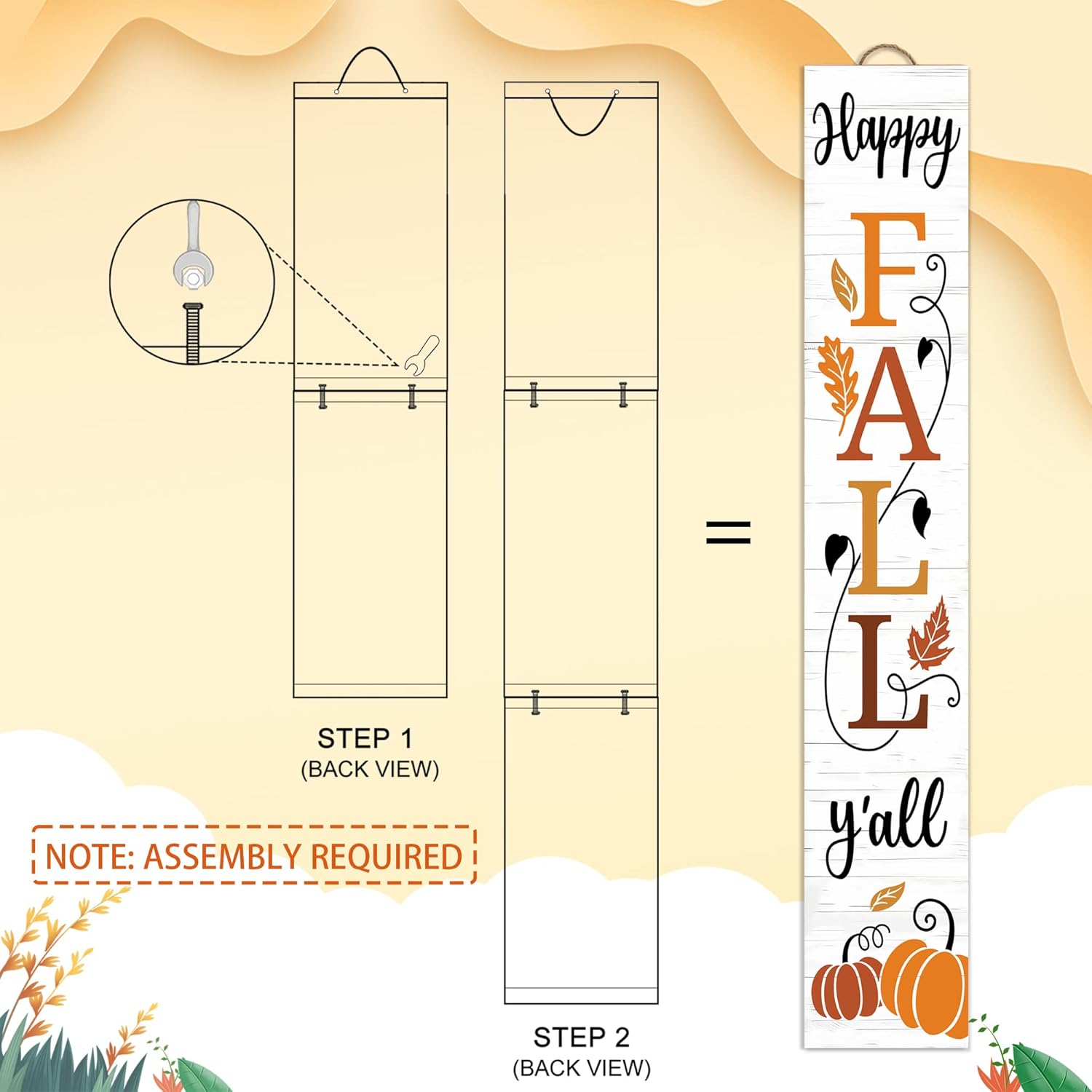 Happy Fall Y'all Wooden Porch Sign 47" Thanksgiving Large Welcome Porch Sign for Pumpkin Sign Autumn Home Front Door Yard Party Decor