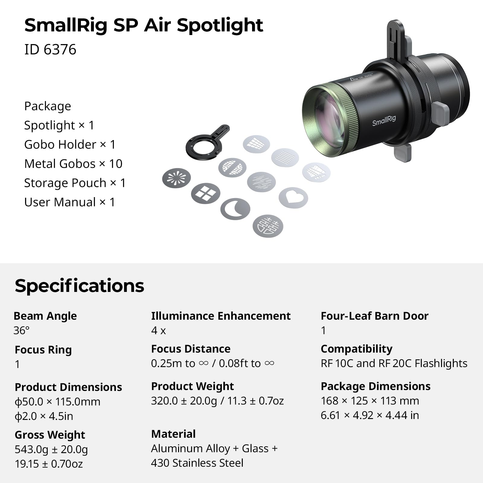 SMALLRIG SP Air Spotlight, lentille de Projection Optique à 36°, 4X luminosité, Volets de Cadrage intégrés, Support pour GOBO et 10 gobos en métal, Accessoire de snoot pour de Poche RF 10C/20C - 6376