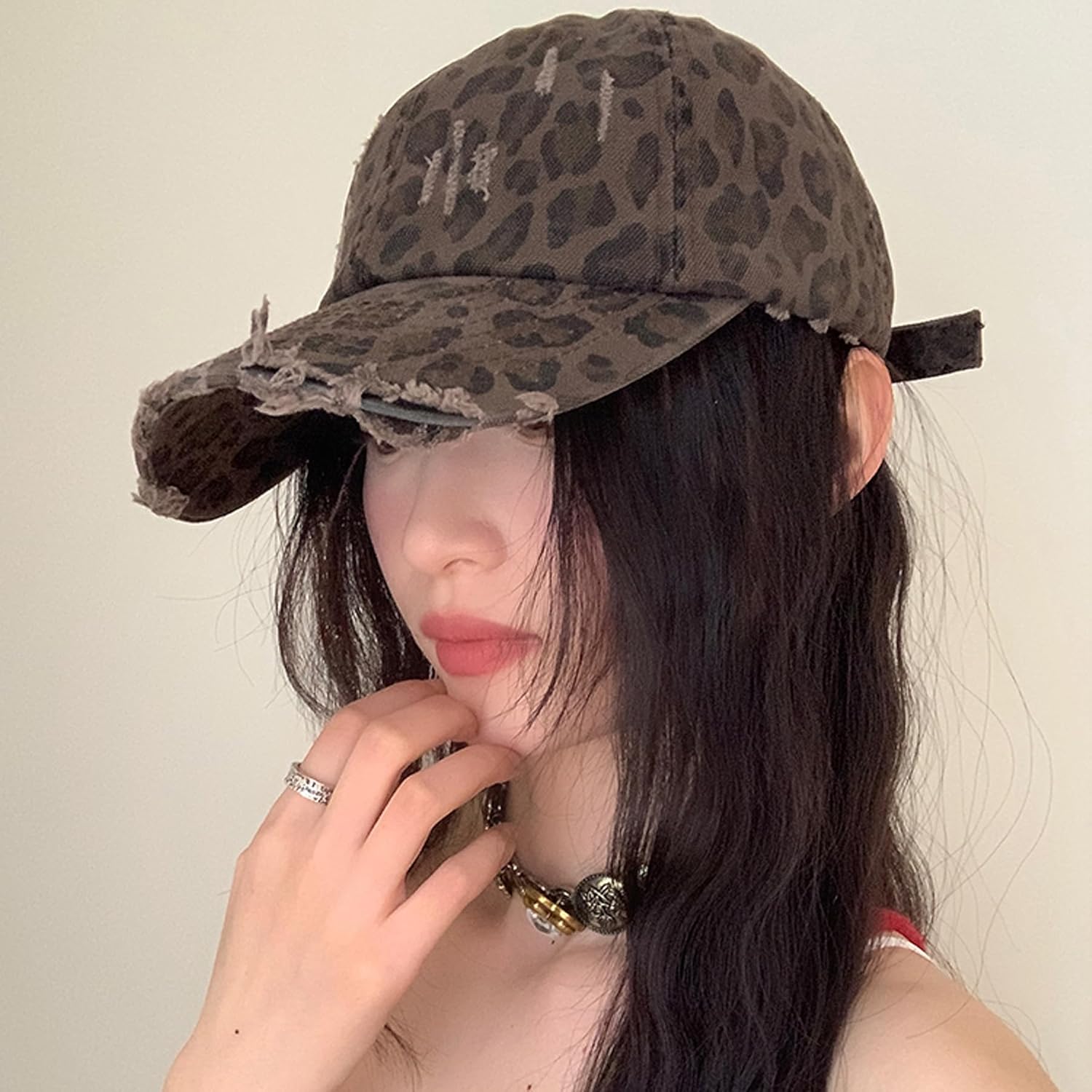 Leopard Print Baseball Cap for Women Vintage Washed Distressed Adjustable Trucker Hat - Image 4