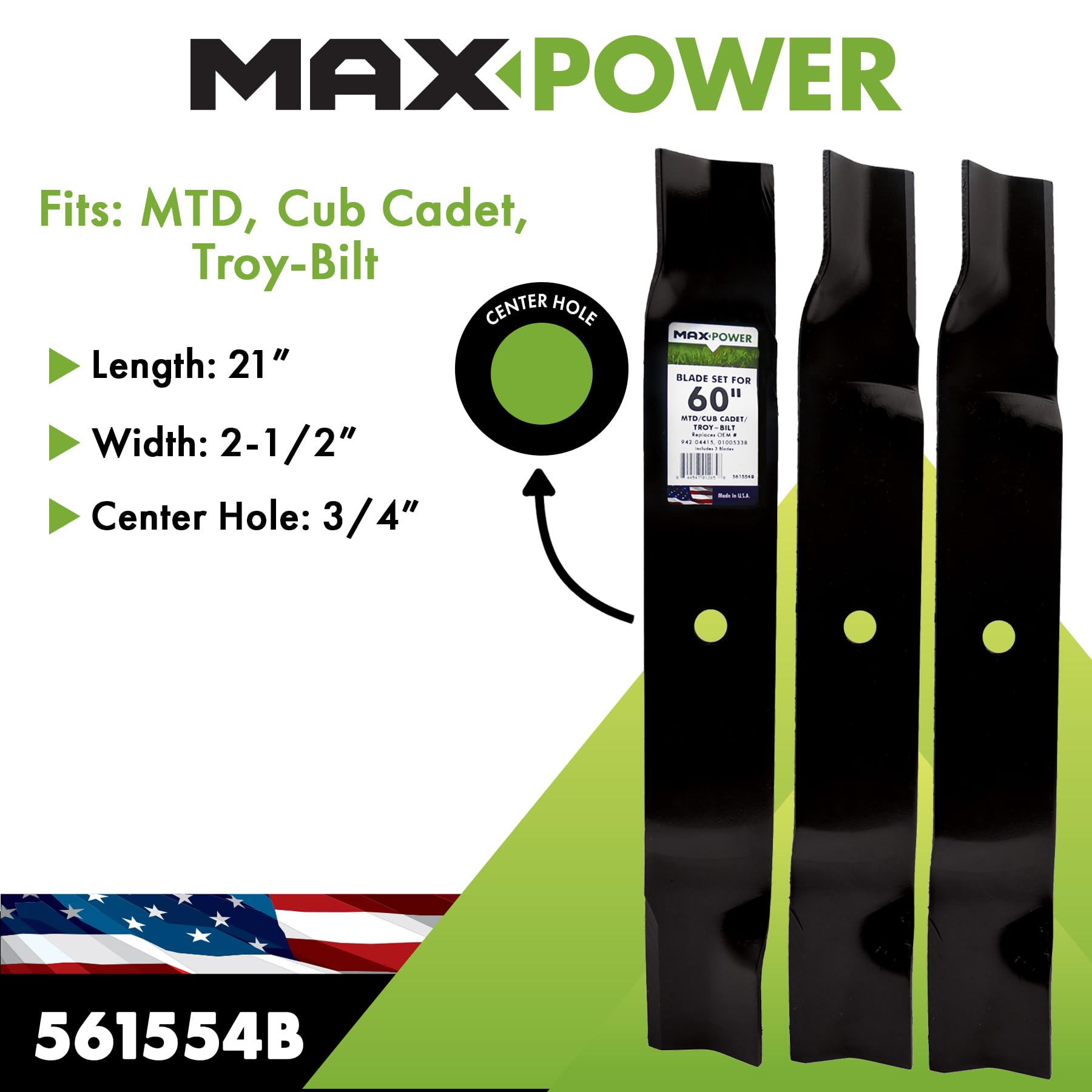 MAXPOWER 561554B Lot de 3 Lames pour MTD Cub Cadet, Troy-Bilt Remplace OEM # 02005019, 1005338, 94204415, Noir