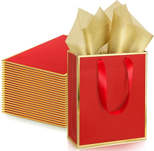 Miniatura 1 de Yeaqee Paquete de 24 bolsas de regalo de papel metálico con asa y pañuelo, 9 x 7 x 3.15 pulgadas, bolsas de regalo de agradecimiento de tamaño