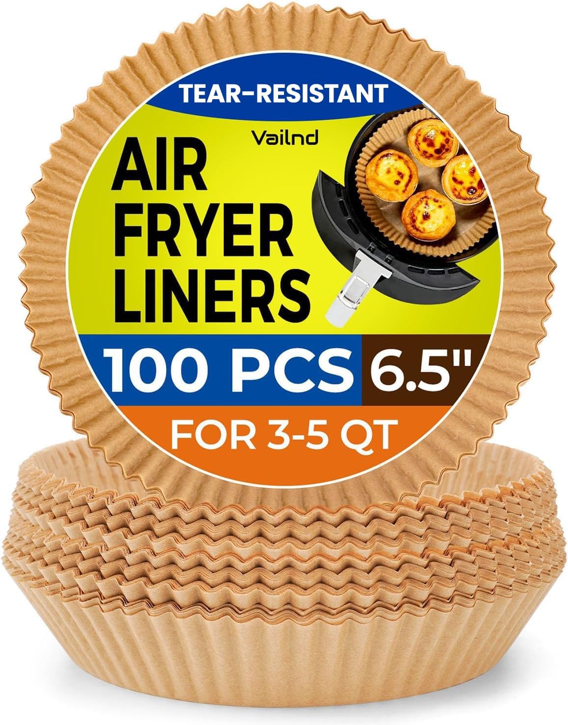 vailnd Air Fryer Disposable Standard Paper Liners: 100Pcs Oil Proof Parchment Sheets Round, Airfryer Paper Basket Bowl Liner For Baking Cooking Food