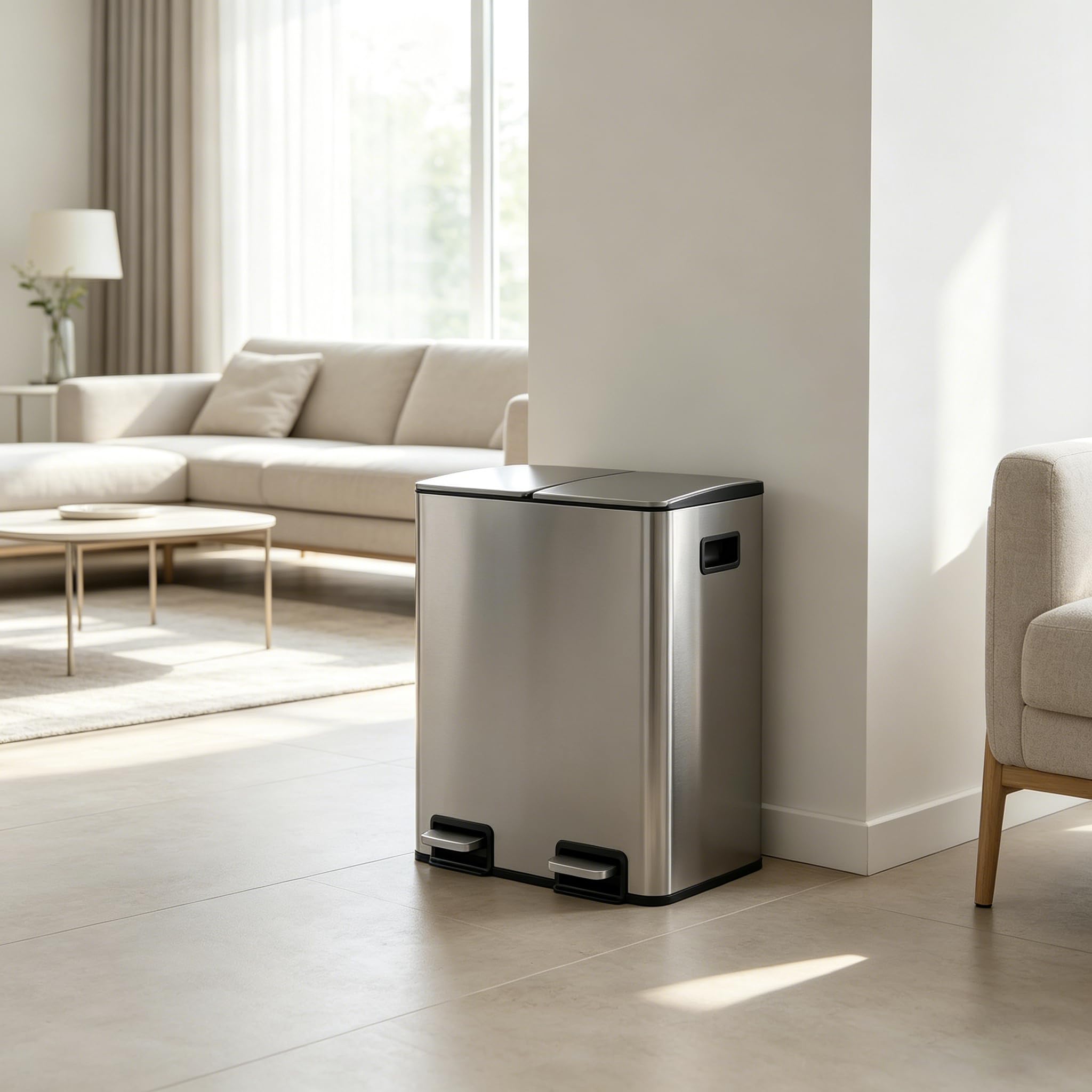 Mülleimer Küche 2 x 19 L(38L), Edelstahl Treteimer mit Deckel, Mülltrennsystem 2 Fächer, Abfalleimer mit Softclose, Fingerabdruckresistent, Pedaleimer mit Inneneimer für Küche Haushalt