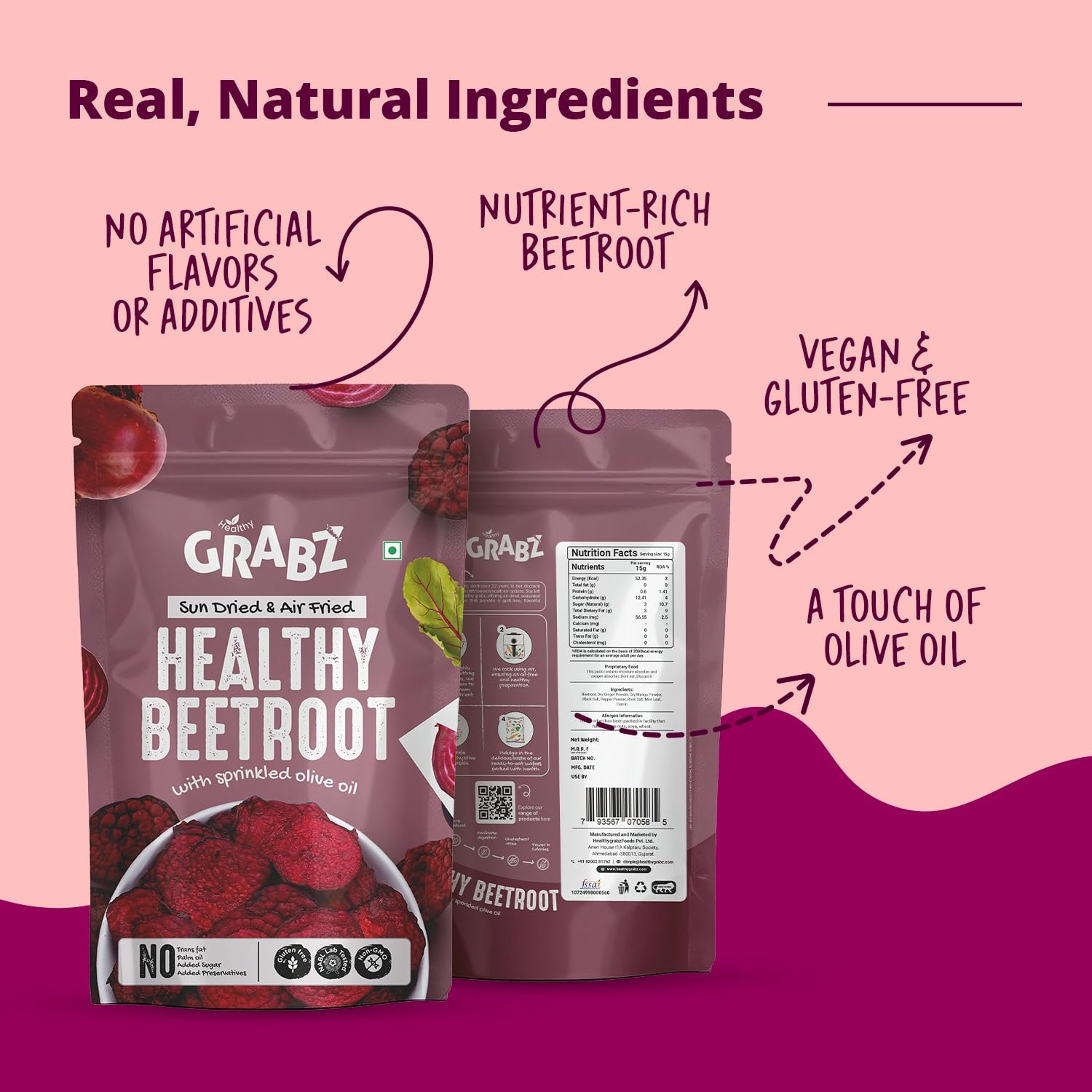 GRABZ Air-Cooked Beetroot Chips | Solar-Dehydrated, Vegan, High Fibre | Oil-Free Crunchy Snack – 20g Each (Pack of 3) 4